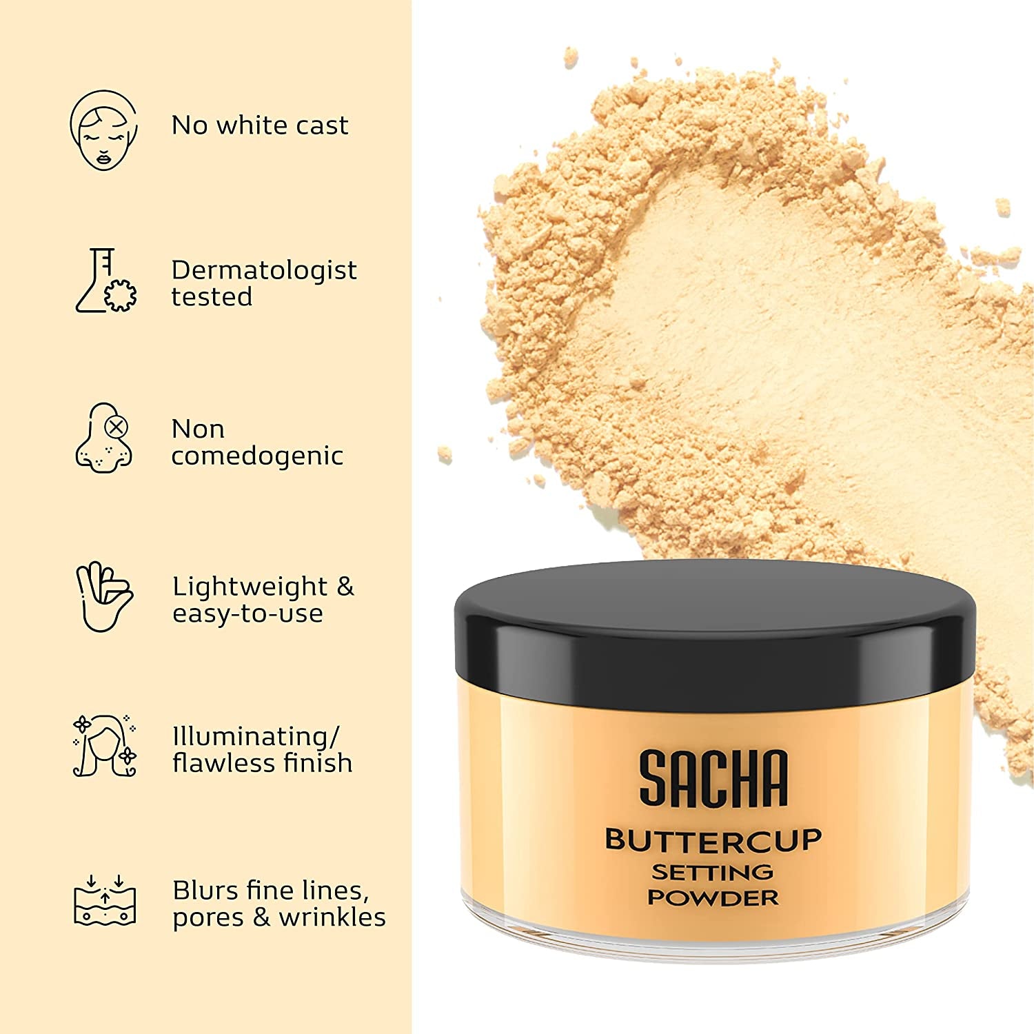 Sacha Buttercup Setting Powder – Professional Translucent Finishing Powder to Blur Fine Lines & Pores, No Ashy Flashback, Long-Lasting Smooth Matte Finish for All Skin Tones – Premium Health & Beauty Product by Everbeaut.