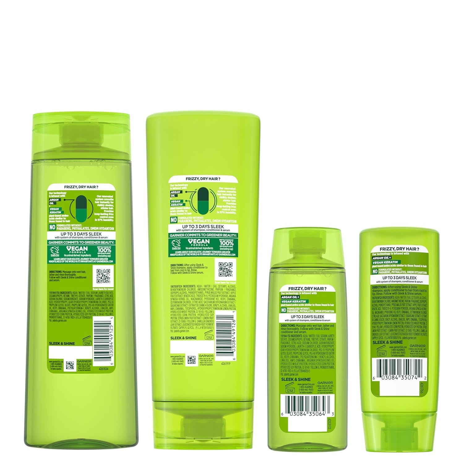 Garnier Fructis Sleek & Shine Anti-Frizz Hair Care Set – Full & Travel Size Shampoo (12.5 & 3 fl. oz) + Conditioner (12 & 3 fl. oz) – Plant Keratin & Argan Oil – 4-Piece Bundle – Premium Health & Beauty Product by Everbeaut.