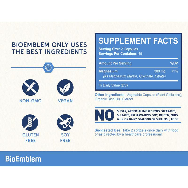 Bioemblem Triple Magnesium Complex | 300Mg of Magnesium Glycinate, Malate, & Citrate for Muscles, Nerves, & Energy