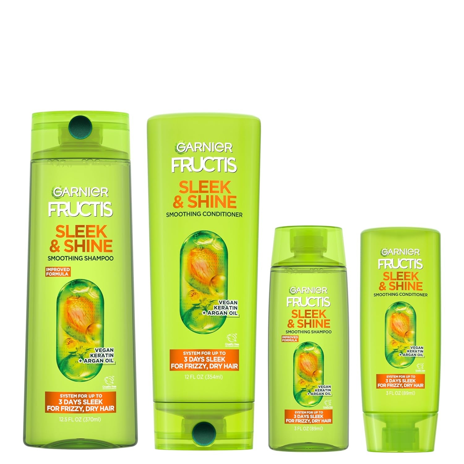Fructis Sleek & Shine Full + Travel Size Shampoo (12.5 & 3 Fl Oz) + Conditioner (12 & 3 Fl Oz) Set for Frizzy, Dry Hair, Plant Keratin + Argan Oil (4 Items), 1 Kit (Packaging May Vary)