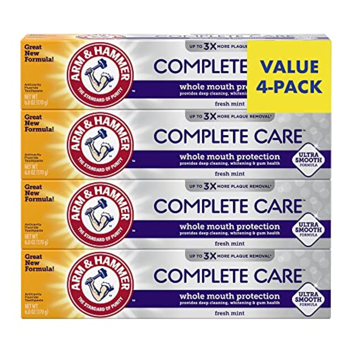 Complete Care Toothpaste, Teeth Whitening Toothpaste with Baking Soda, Fluoride, Whole Mouth Protection, Fresh Mint Flavor, 6.0 Oz (Pack of 4)