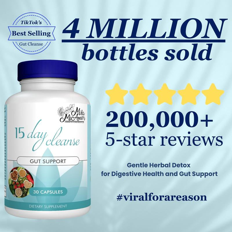 15 Day Cleanse - Gut and Colon Support | Caffeine Free | Advanced Formula with Senna, Cascara Sagrada, & Psyllium Husk | Non-Gmo | 30 Capsules