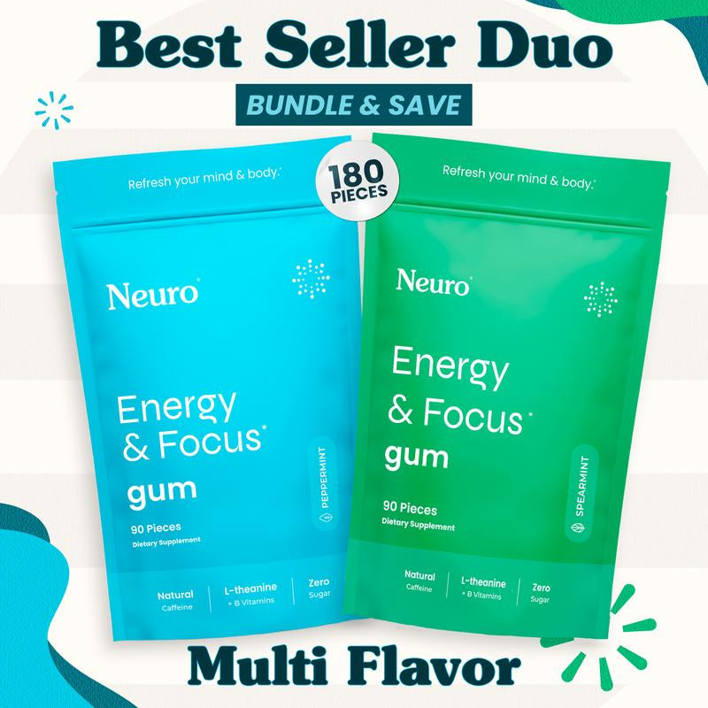 Best Seller Duo - Energy & Focus Caffeine Gum - Multi Flavor (2-Bulk Pouches) - Everbeaut
