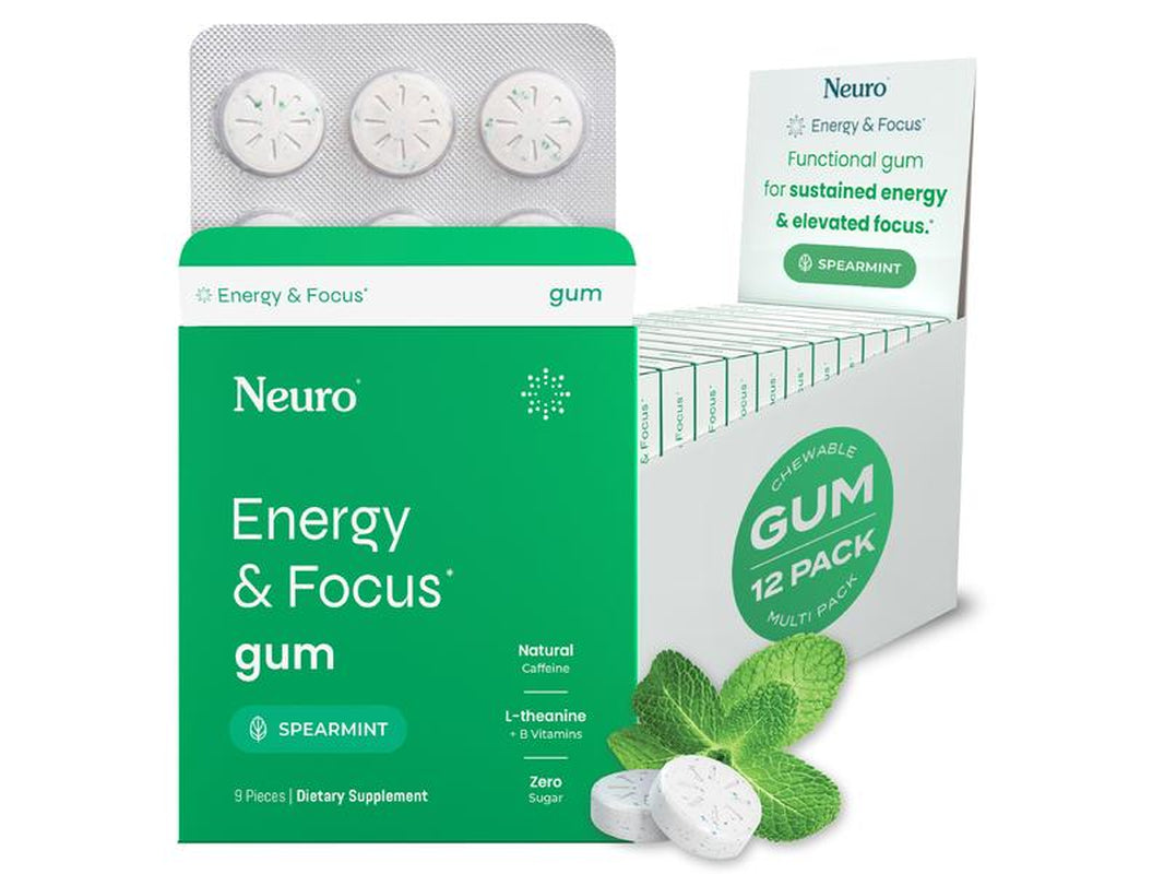 NEW Neuro Energy Caffeine Gum (108 Pieces) - Sugar-Free Nootropic Gum for Energy & Focus with L-Theanine, Natural Caffeine, Vitamin B12 & Vitamin B6 - Spearmint Flavor