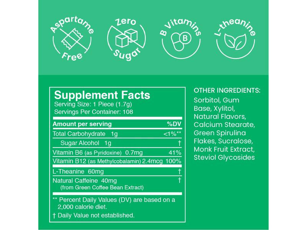 NEW Neuro Energy Caffeine Gum (108 Pieces) - Sugar-Free Nootropic Gum for Energy & Focus with L-Theanine, Natural Caffeine, Vitamin B12 & Vitamin B6 - Spearmint Flavor