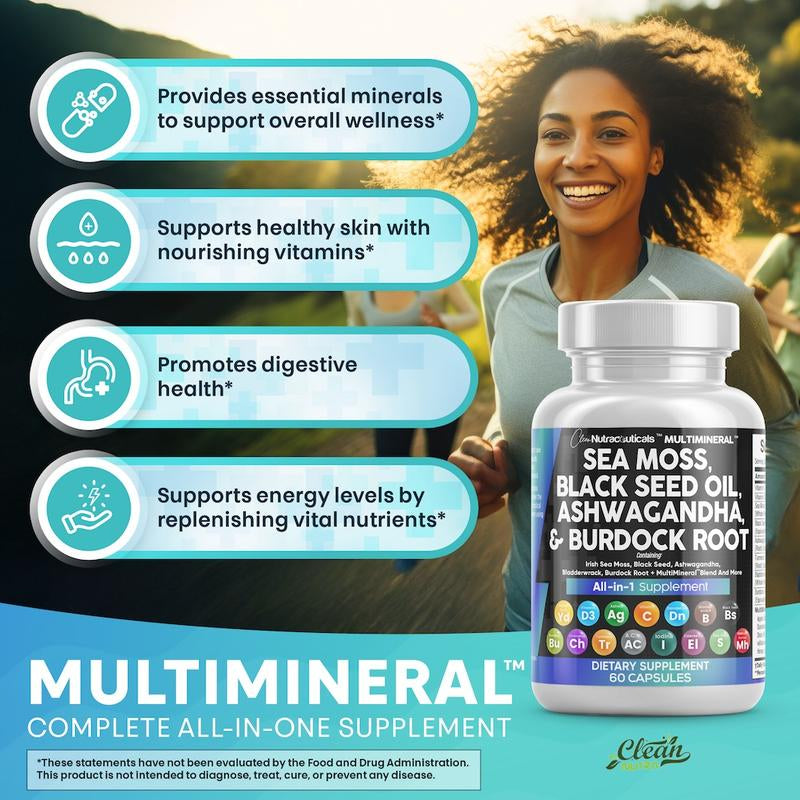 Live Only Vegan Sea Moss, Ashwagandha & Black Seed Oil Multimineral Supplement for Energy & Thyroid Health - Everbeaut
