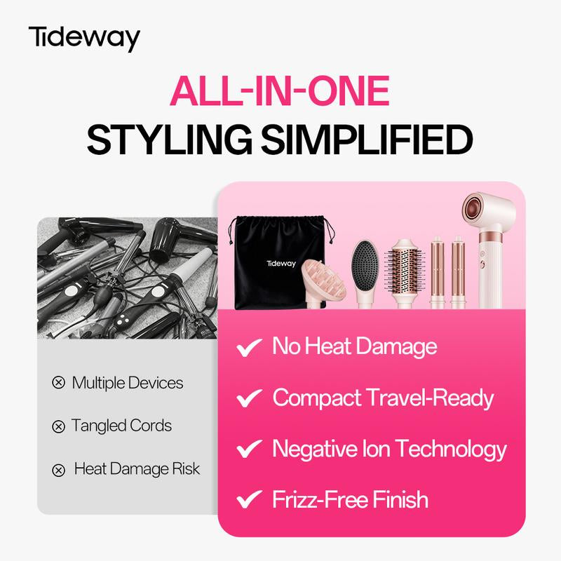 Tideway Prowaver 6 in 1 Hot Air Styler Wrap W/ Ionic Tech, Dual Voltage (100-240V) High-Speed Hair Dryer Brush Auto Wrap Curlers, Volumizing Styling Blower Brush with Travel Bag, Perfect Present for Women Friend Family Gift Christmas New Year Viral