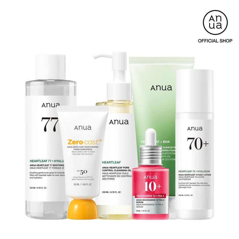 [Anua Official Shop] Ultimate Skincare Routine with SPF Set｜Cleansing Oil + Deep Cleansing Foam +Toner + Discoloration Serum + Moisturizing Lotion + SPF 50, Pore Control, Hydrating, Korean Sunscreen, No White Cast, Glass Skin