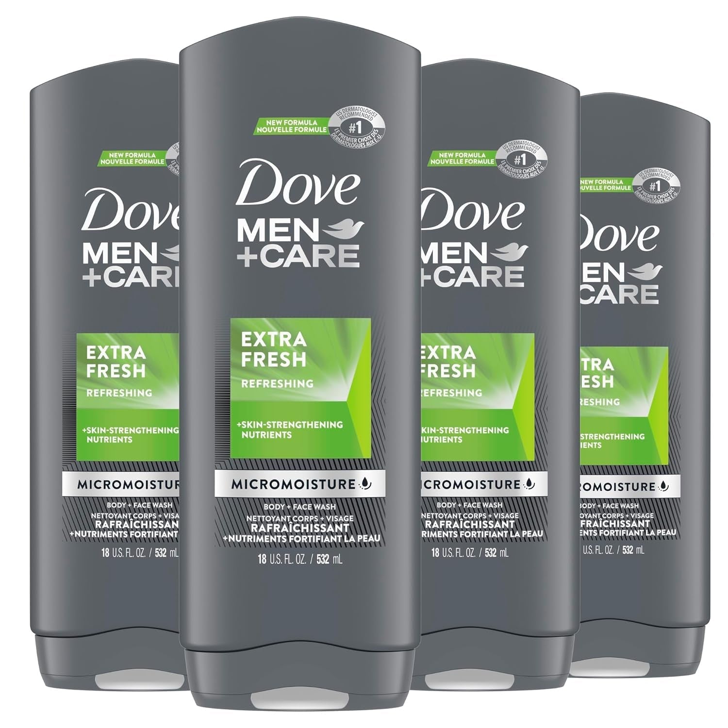 Dove Men+Care Extra Fresh Body Wash for Men – 4 Count, 18 oz | Hydrating Bacteria - Removing Skin Care - Everbeaut