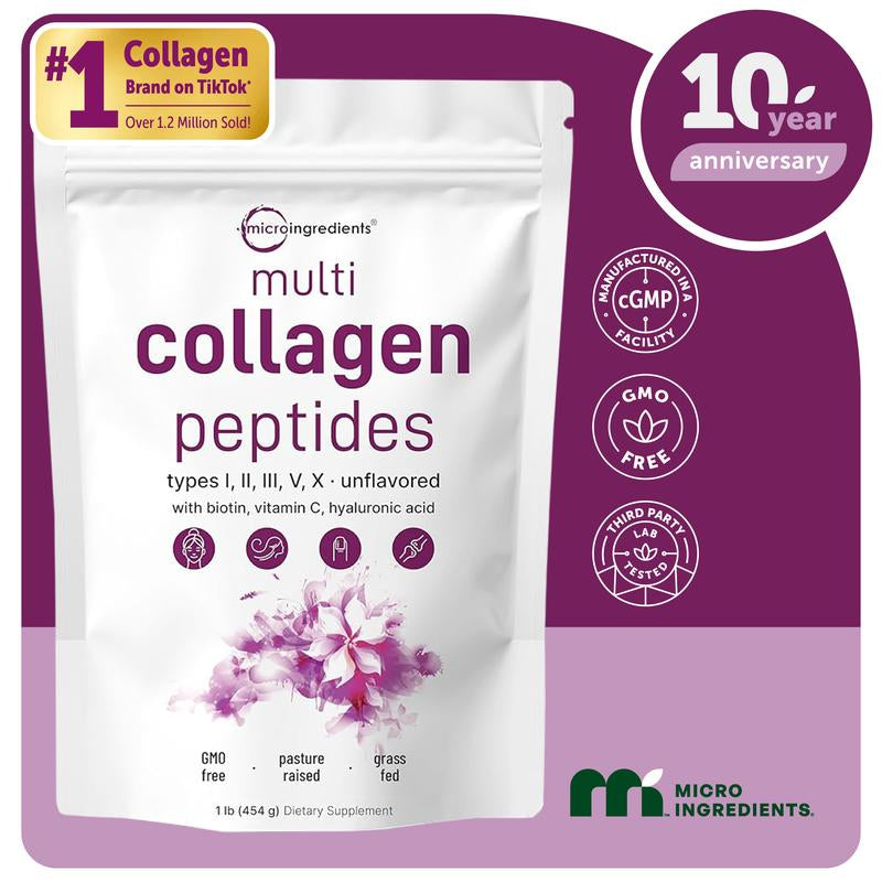 Micro Ingredients Multi Collagen Peptides Powder - Hydrolyzed Protein Peptides (Type I,II,III,V,X) with Hyaluronic Acid, Biotin & Vitamin C Unflavored