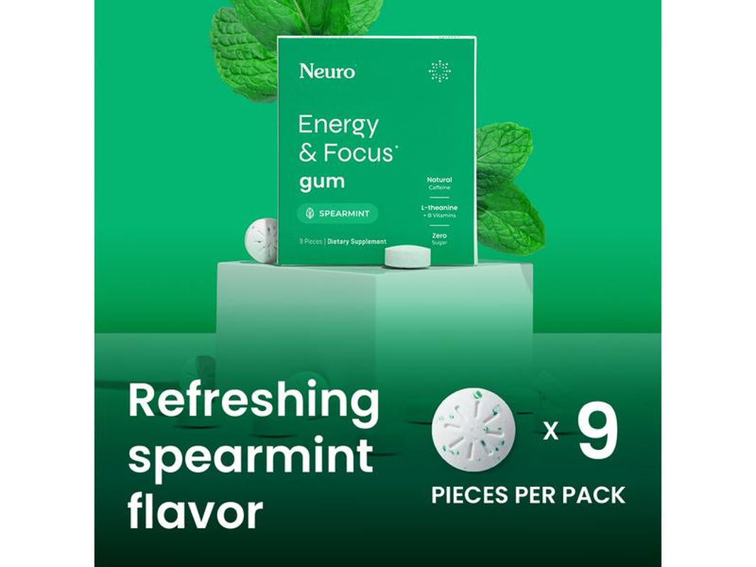 NEW Neuro Energy Caffeine Gum (108 Pieces) - Sugar-Free Nootropic Gum for Energy & Focus with L-Theanine, Natural Caffeine, Vitamin B12 & Vitamin B6 - Spearmint Flavor