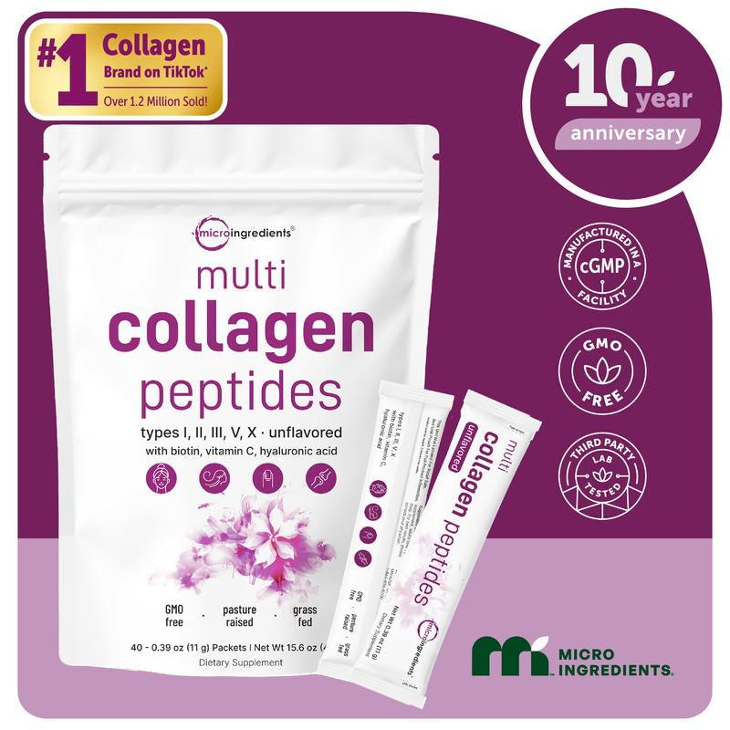 Micro Ingredients Multi Collagen Peptides Powder - Hydrolyzed Protein Peptides (Type I,II,III,V,X) with Hyaluronic Acid, Biotin & Vitamin C Unflavored