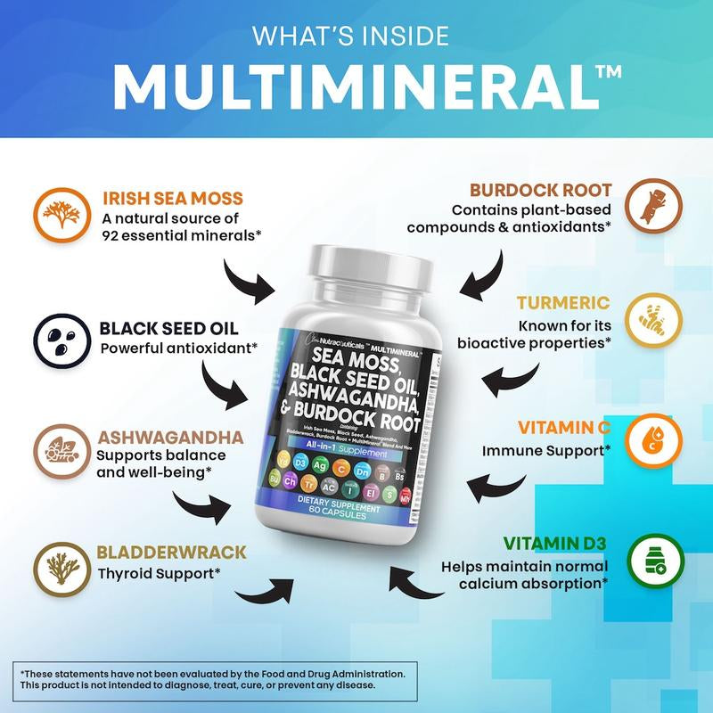Live Only Vegan Sea Moss, Ashwagandha & Black Seed Oil Multimineral Supplement for Energy & Thyroid Health - Everbeaut