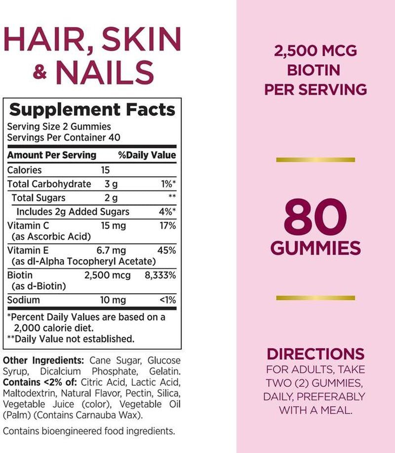 Hair, Skin & Nails Gummies with Biotin (2,500 mcg) + Vitamins C & E – Strawberry Beauty Support Supplement - Everbeaut