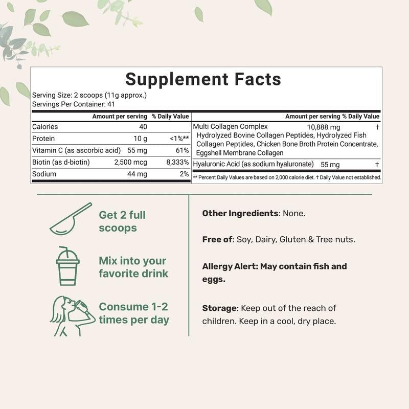 Multi - Collagen Peptides Powder – Types I, II, III, V & X with Biotin, Hyaluronic Acid & Vitamin C - Everbeaut