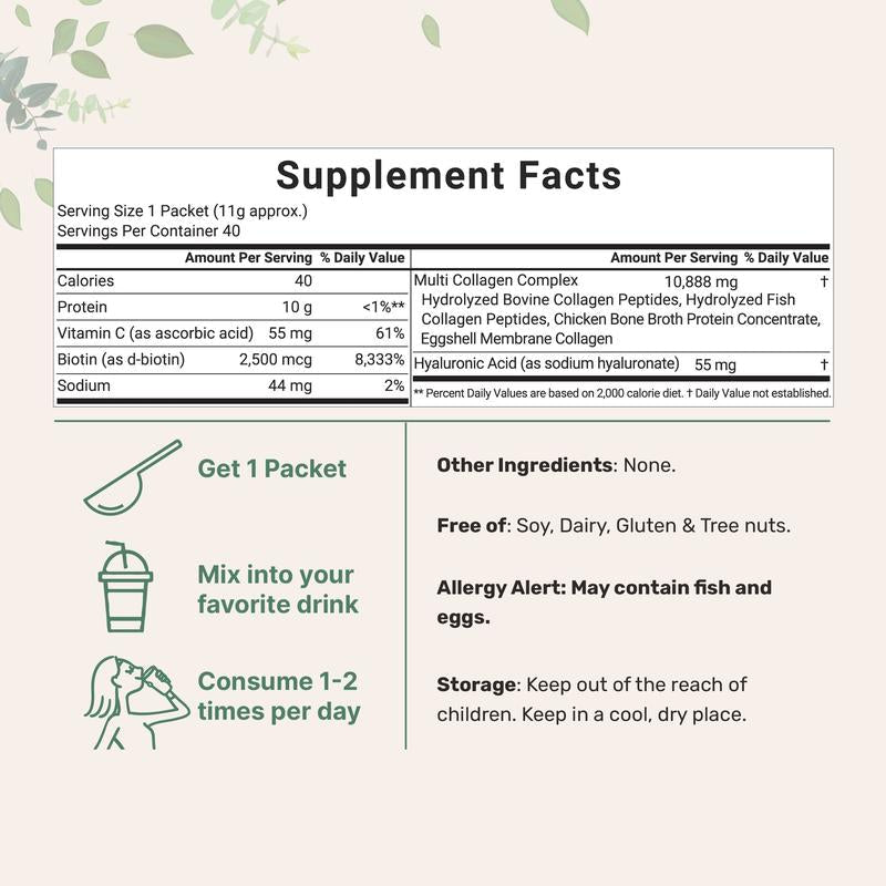 Multi - Collagen Peptides Powder – Types I, II, III, V & X with Biotin, Hyaluronic Acid & Vitamin C - Everbeaut