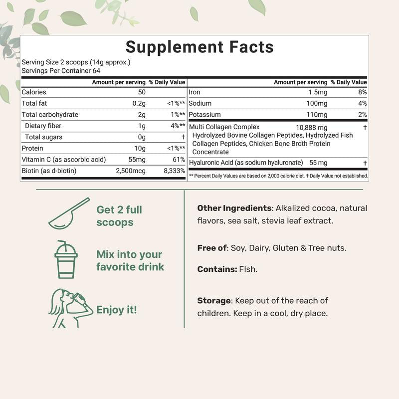 Multi - Collagen Peptides Powder – Types I, II, III, V & X with Biotin, Hyaluronic Acid & Vitamin C - Everbeaut