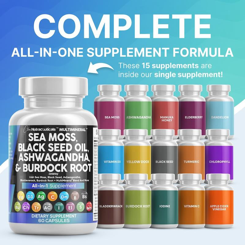 Live Only Vegan Sea Moss, Ashwagandha & Black Seed Oil Multimineral Supplement for Energy & Thyroid Health - Everbeaut